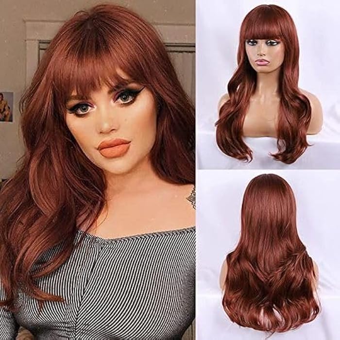 Long Wavy Wig with Bangs Reddish Brown Wig Synthetic Full Wigs for Women